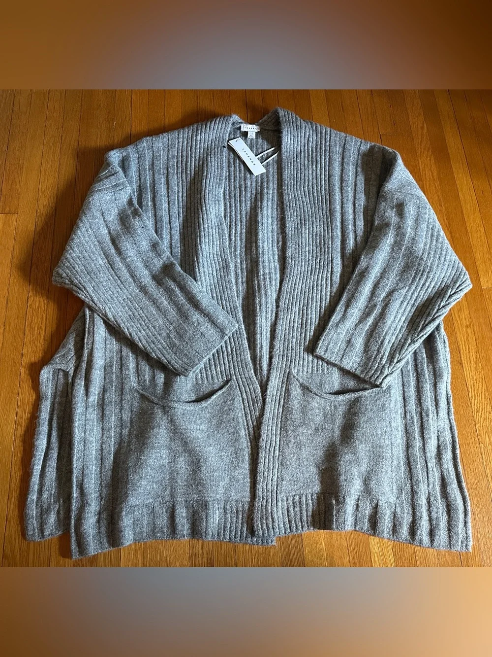 Topshop Longline Grey Open Cardigan with Pockets, Size XL (14), NWT